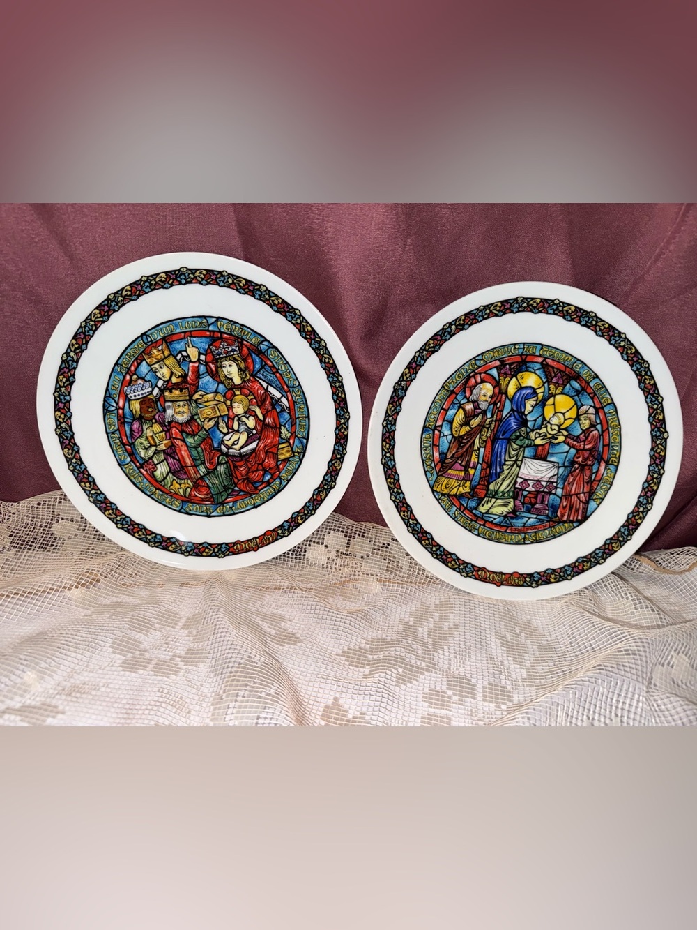 Vintage D'Arceau-Limoges Noel Vitrail Plates, Pair–Stained Glass Christmas Decor